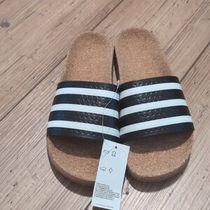 Black & White Striped Adidas Slide Sandals with Cork Footbed